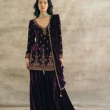 Plum Velvet Fitted Gharara Set-RTS