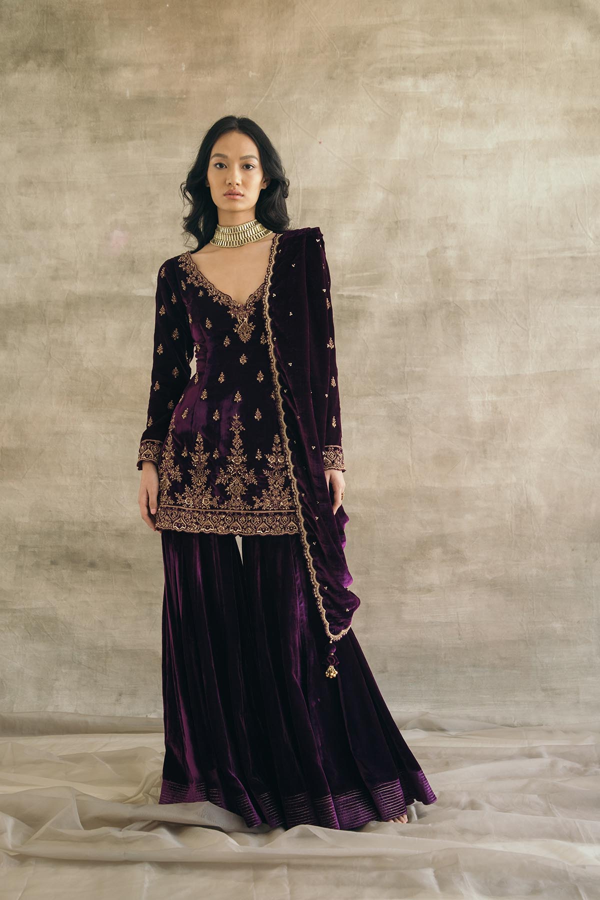 Plum Velvet Fitted Gharara Set-RTS