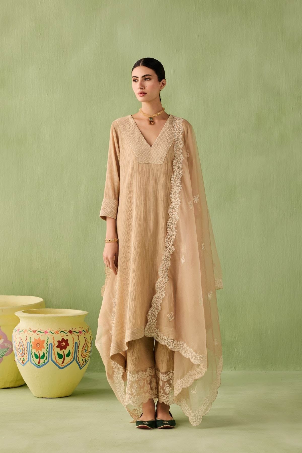 Cotton Gauze Waterfall Hemline Kurta Set-RTS