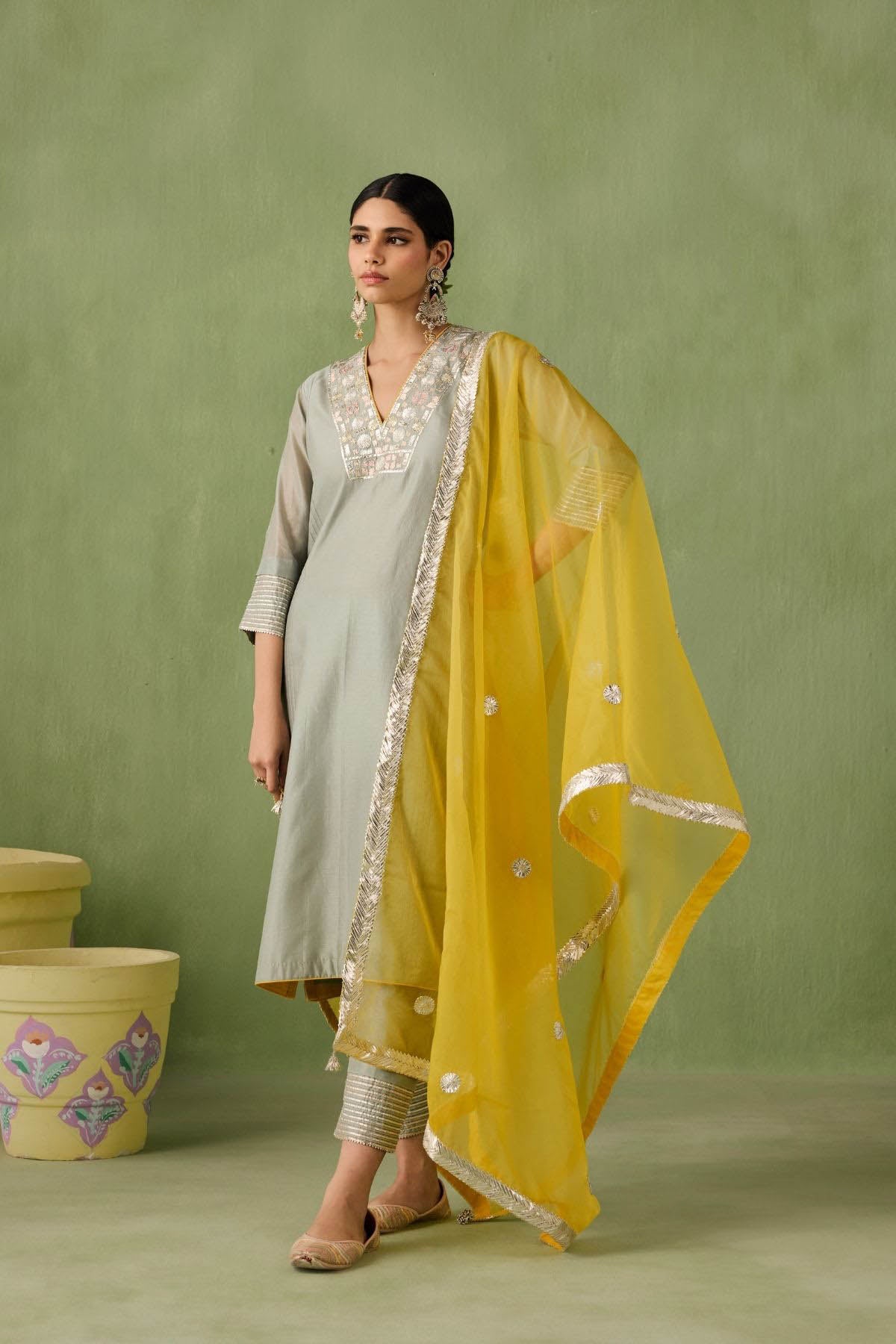 Sea Green & Yellow Contrast Kurta Set