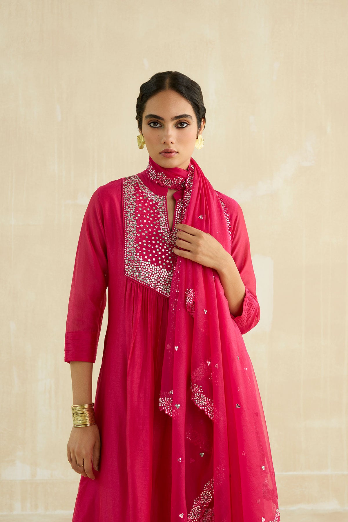 Crimson Magenta Mirror Yoke Kurta Set