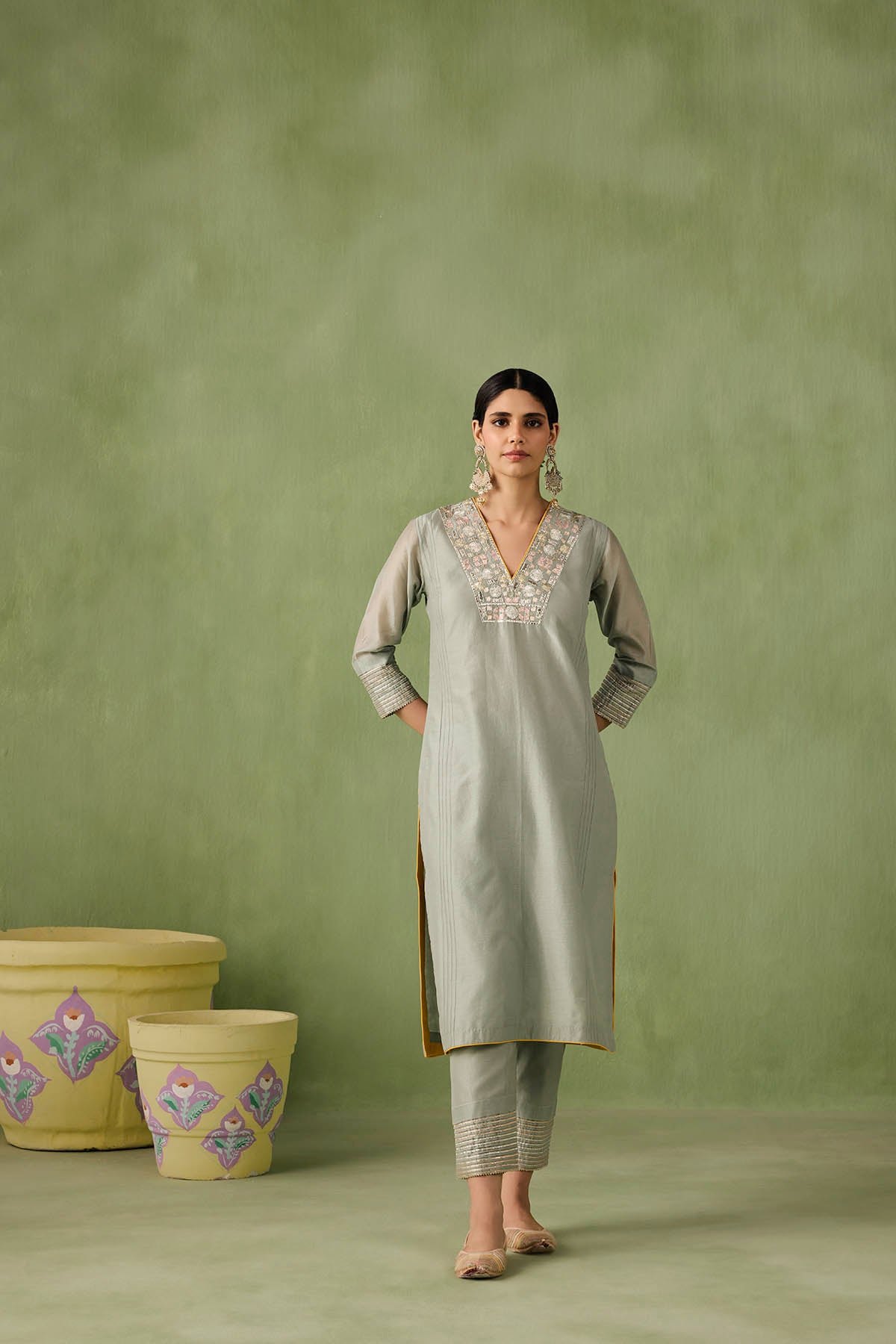 Sea Green & Yellow Contrast Kurta Set