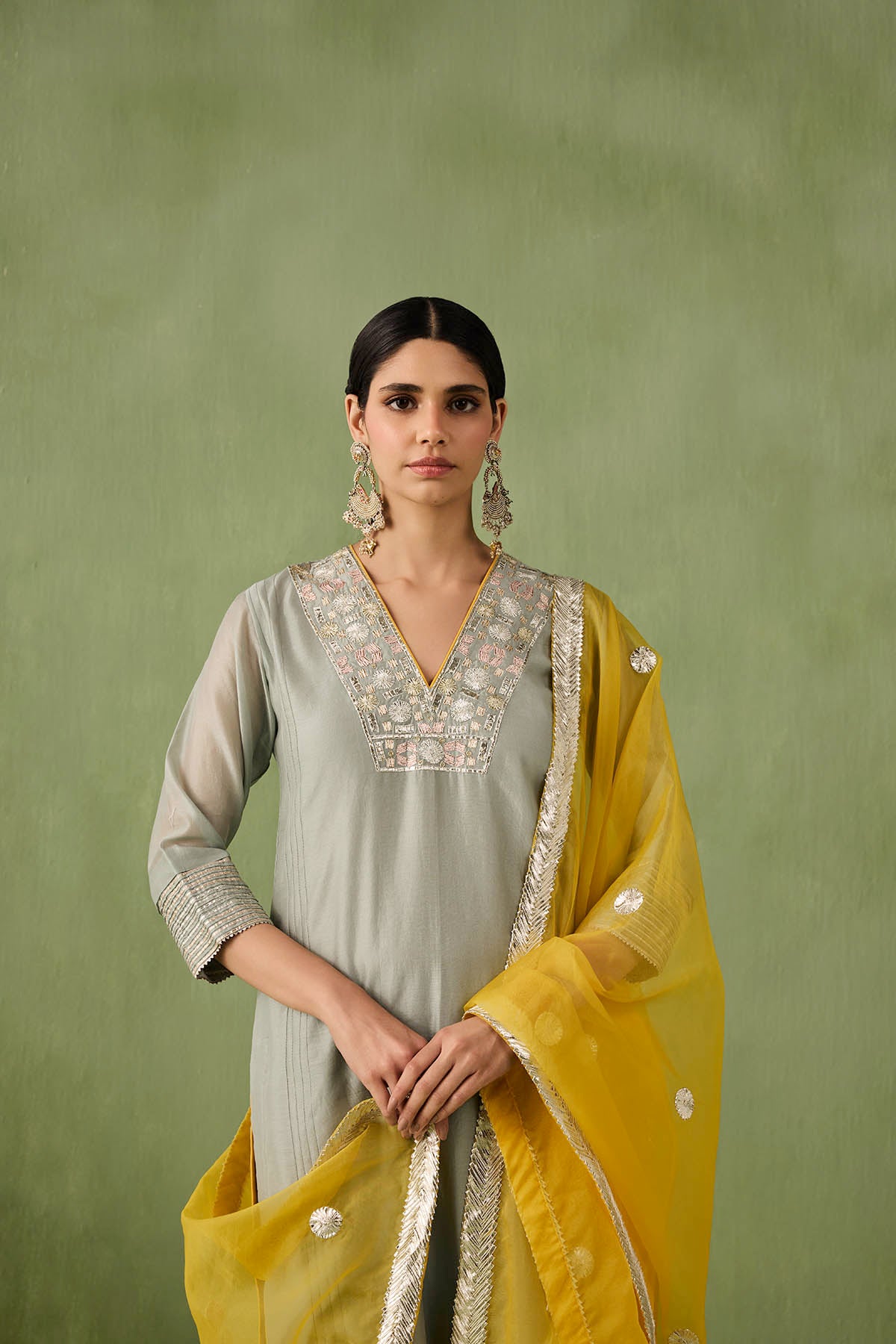 Sea Green & Yellow Contrast Kurta Set