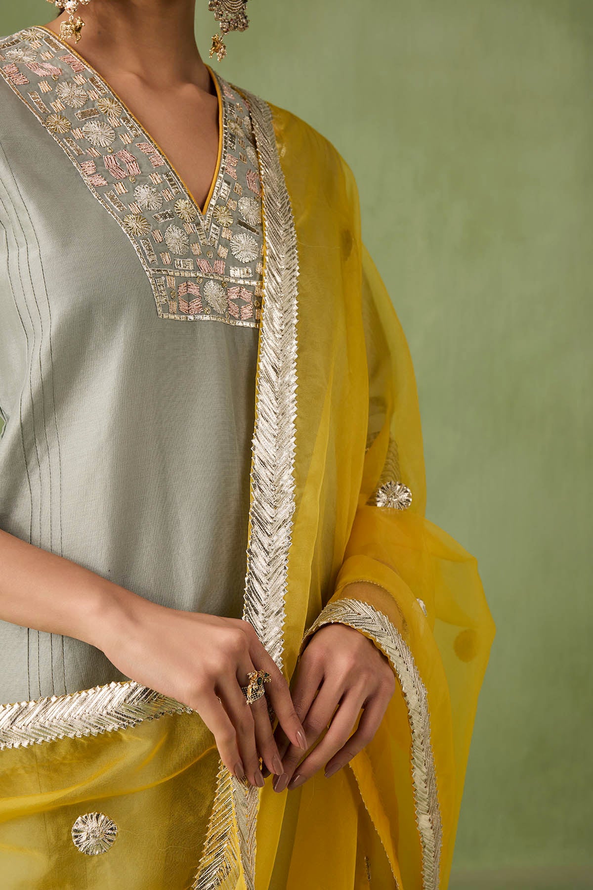 Sea Green & Yellow Contrast Kurta Set