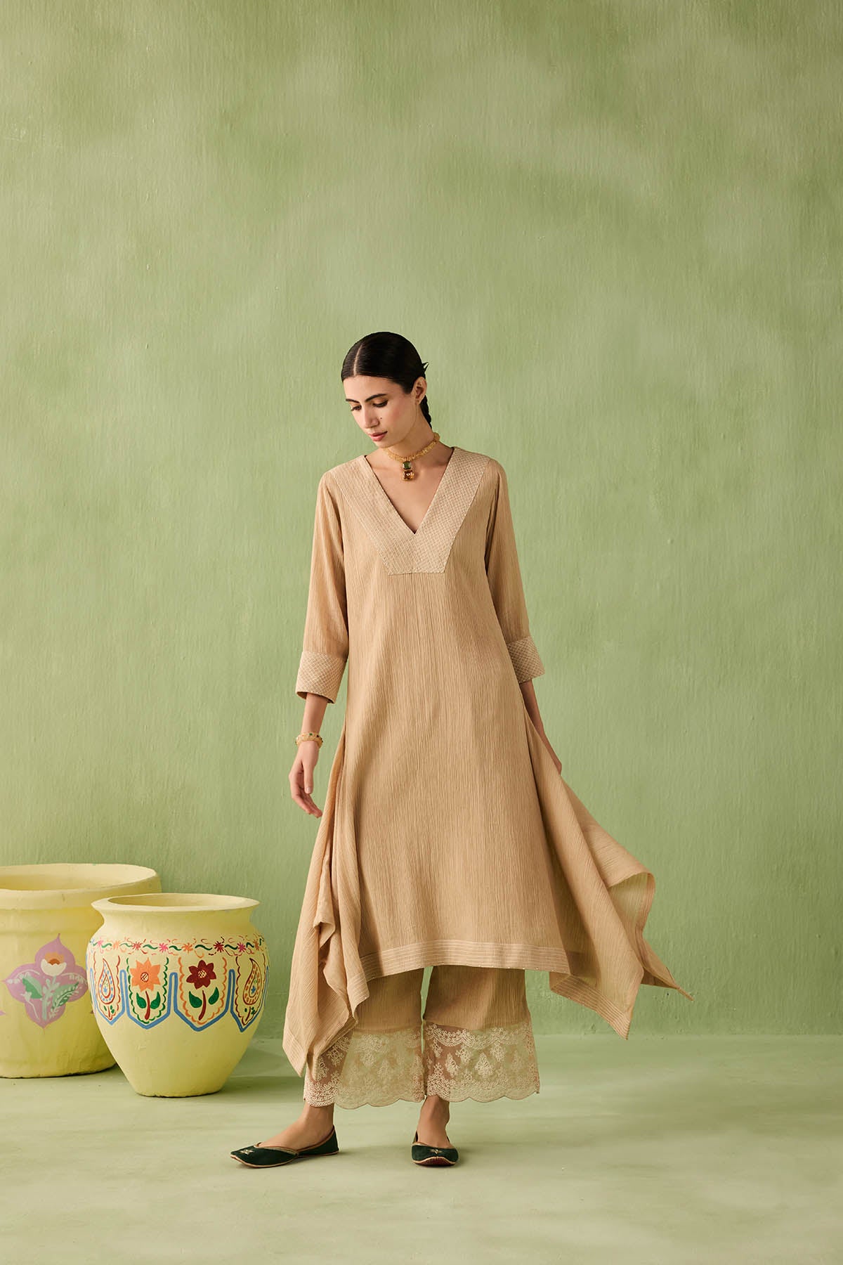 Cotton Gauze Waterfall Hemline Kurta Set