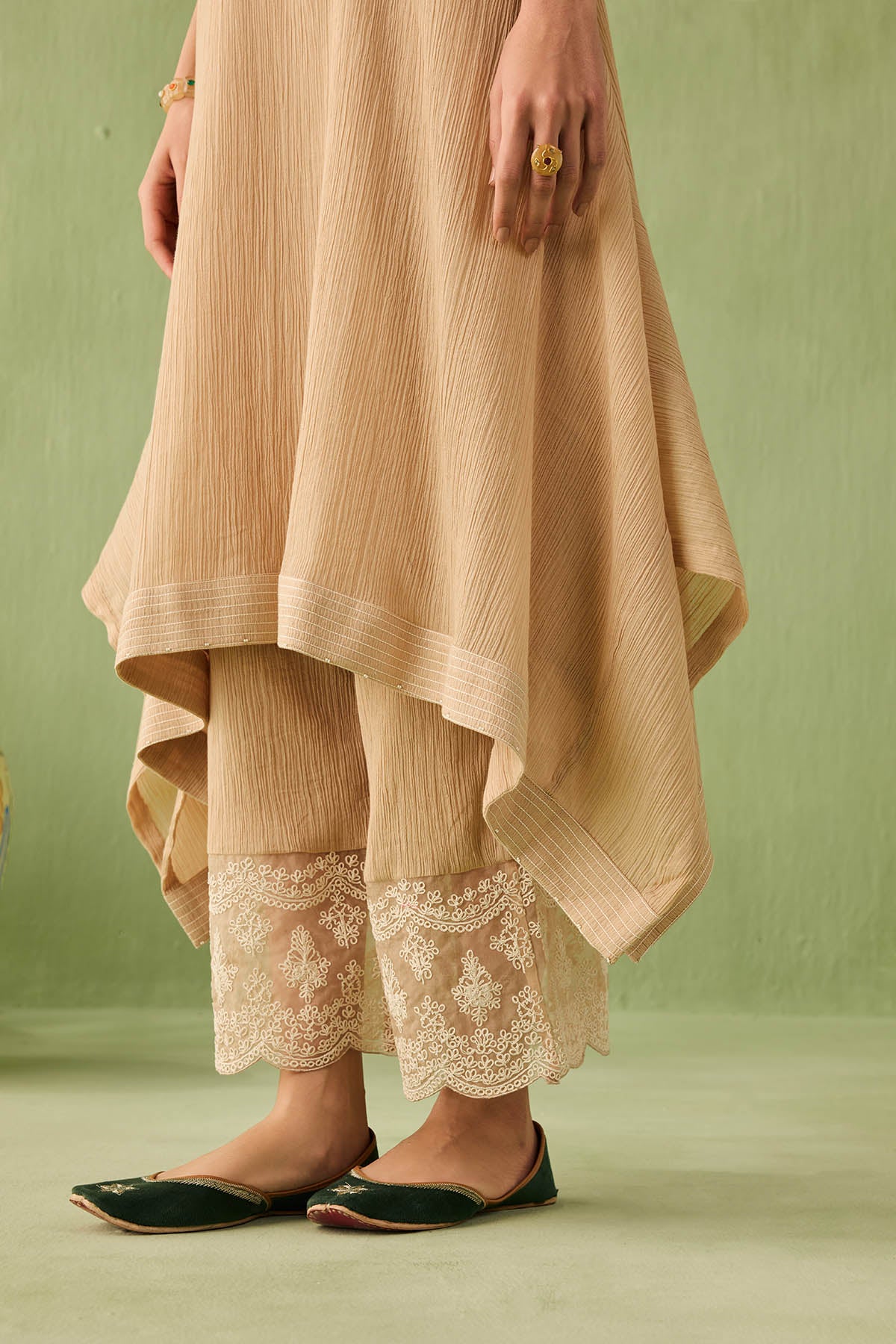 Cotton Gauze Waterfall Hemline Kurta Set-RTS