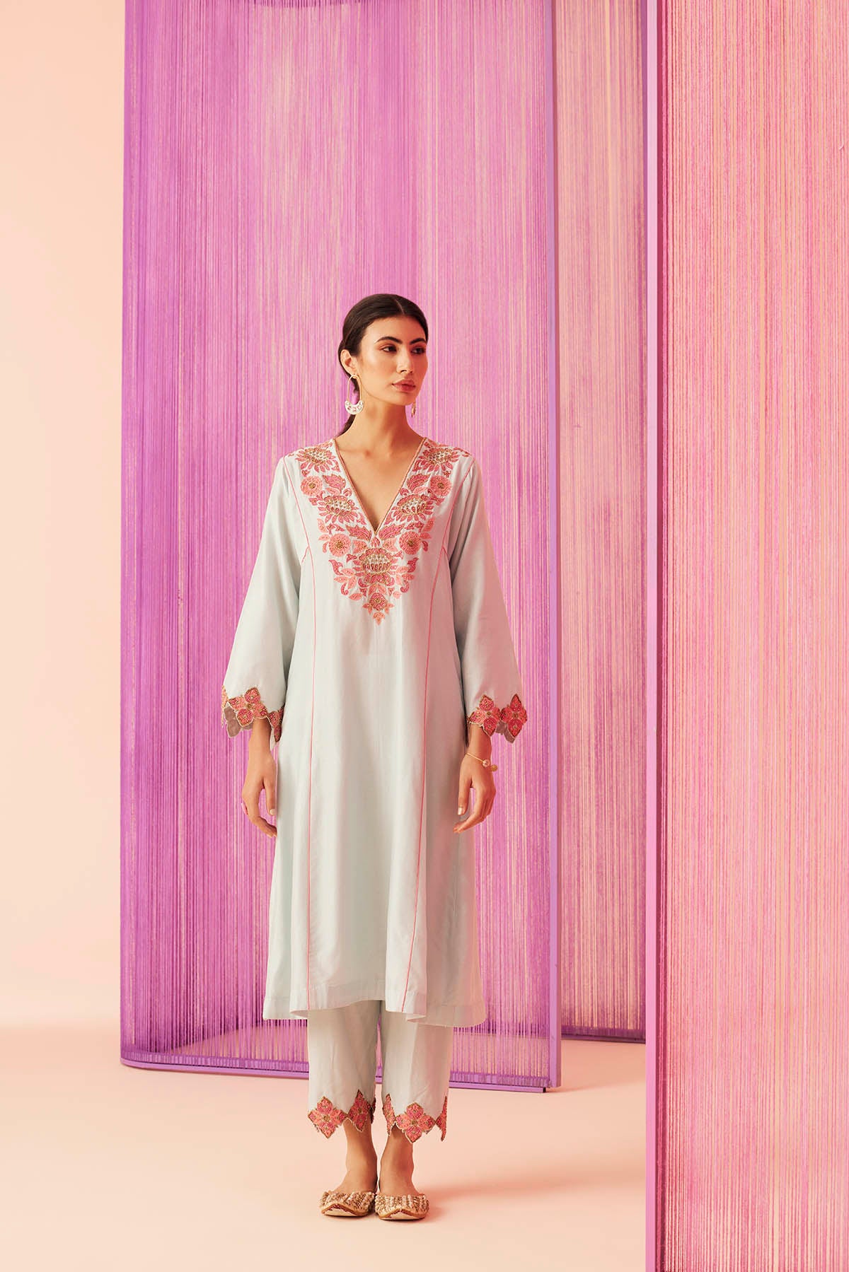 Summer Blooms V-Neck Kurta Set-RTS