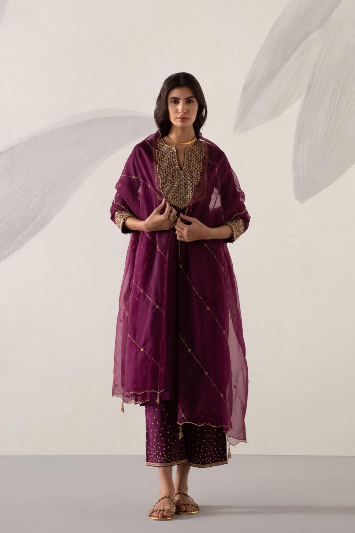 Silk Chanderi Check Yoke Kurta Set