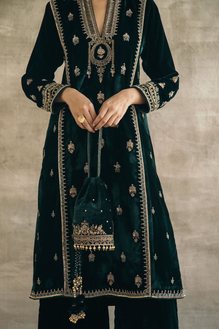 Velvet Mughal Motif Kurta Set