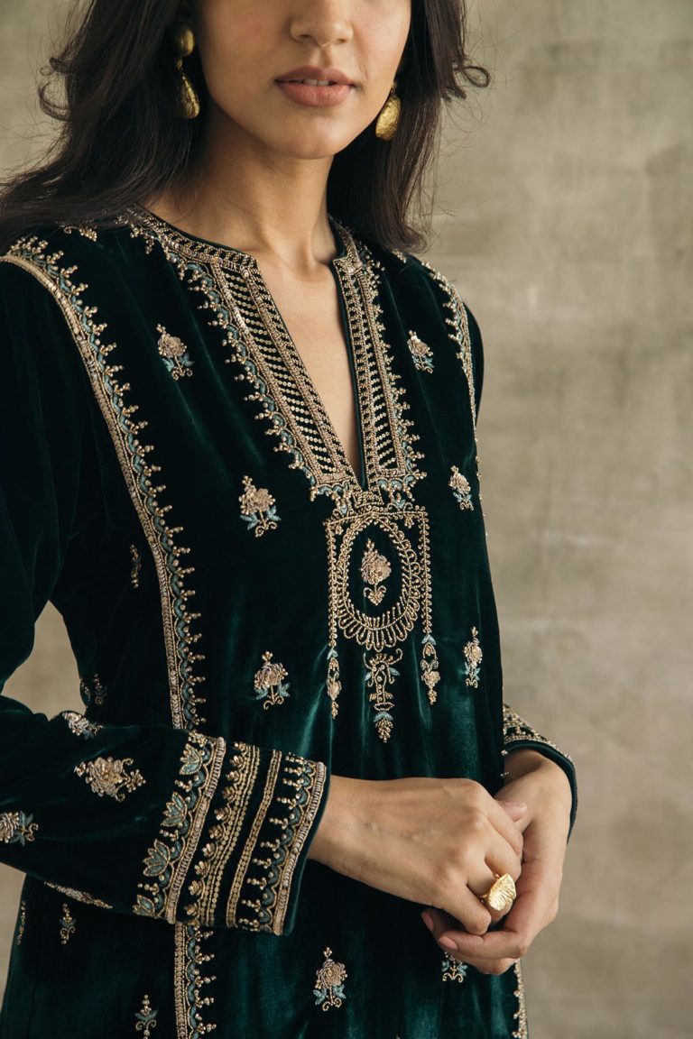 Velvet Mughal Motif Kurta Set