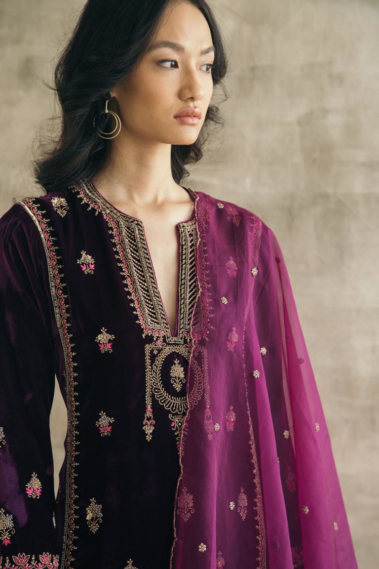 Velvet Mughal Motif Kurta Set