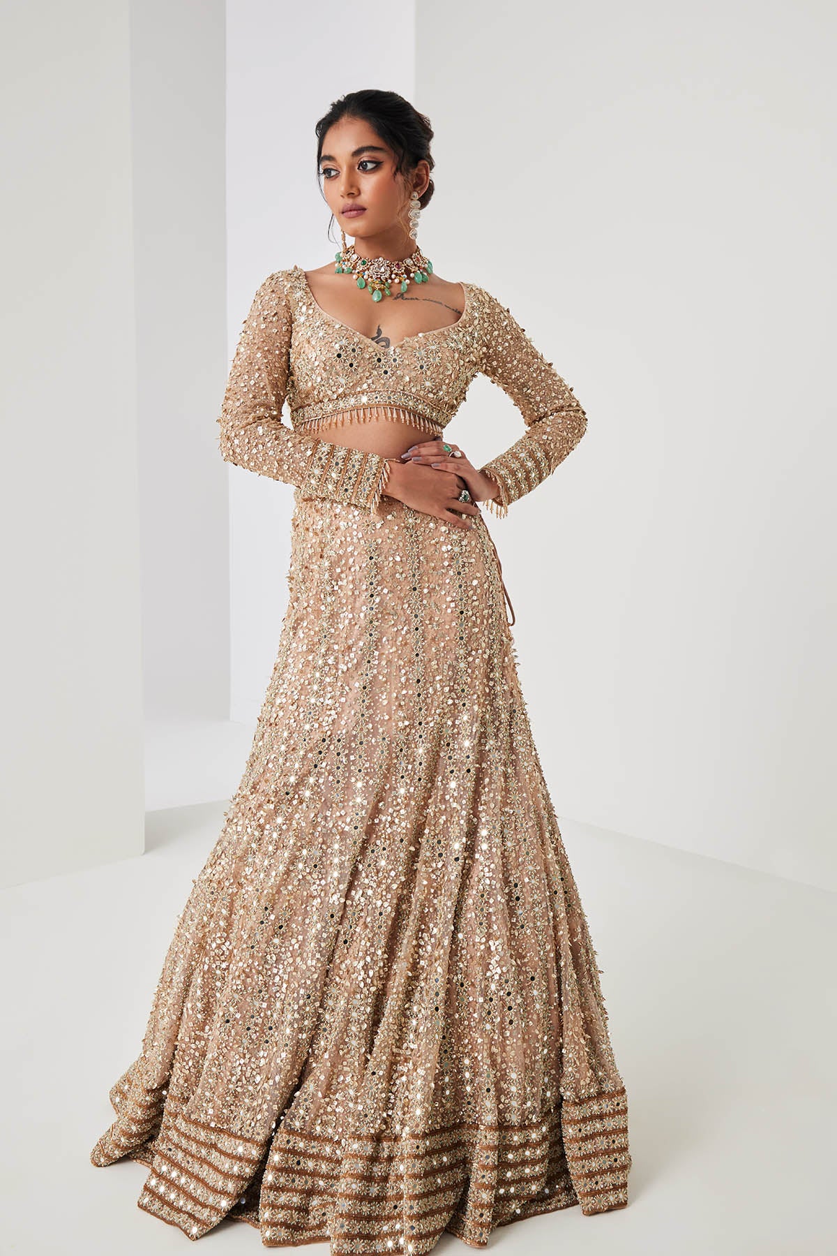 Champagne Gold Sequin Spray Lehenga