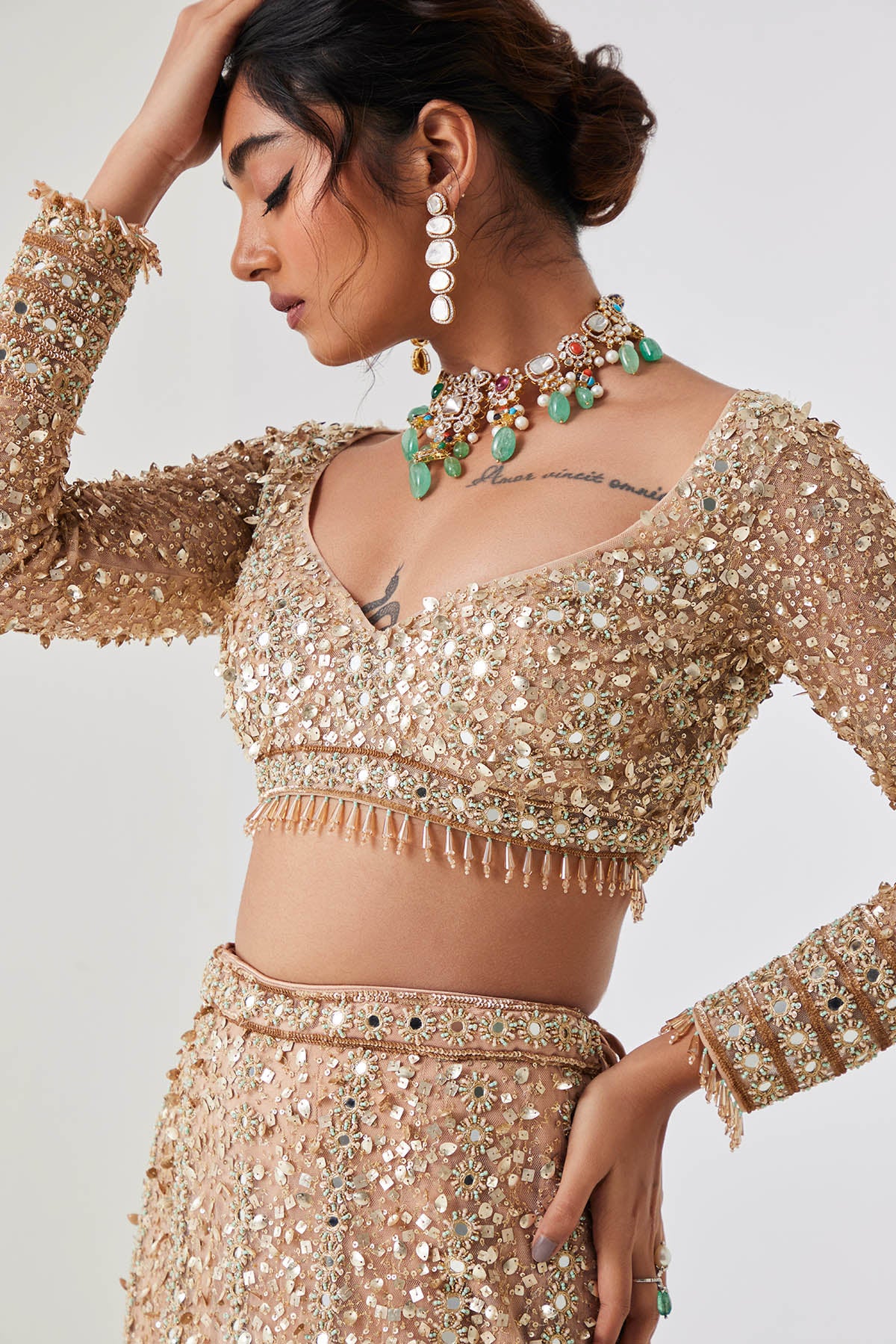 Champagne Gold Sequin Spray Lehenga