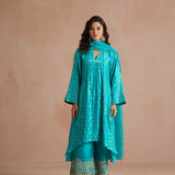 Firozi Asymmetrical Bandhani Kurta Set-HYD