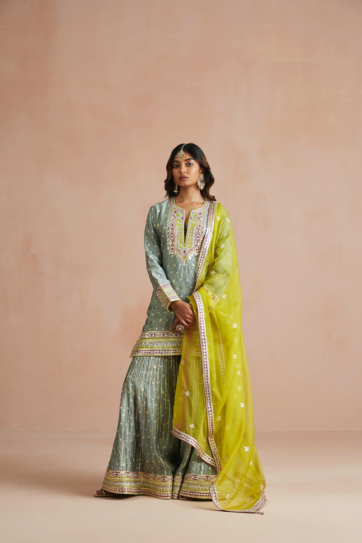 Iced Grey Bandhani Embellished Gharara Set-RTS