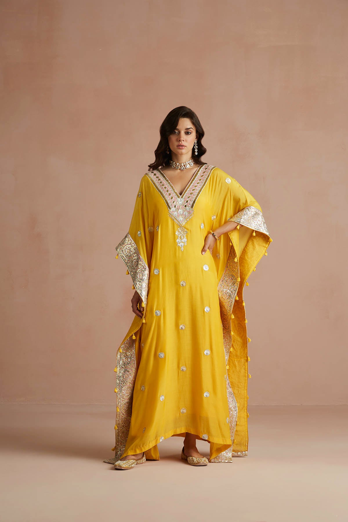 Yellow Gota Embroidered Kaftan