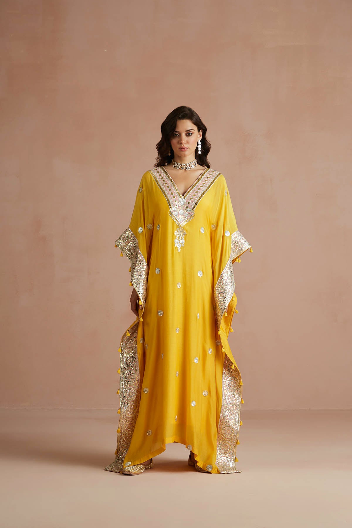 Yellow Gota Embroidered Kaftan