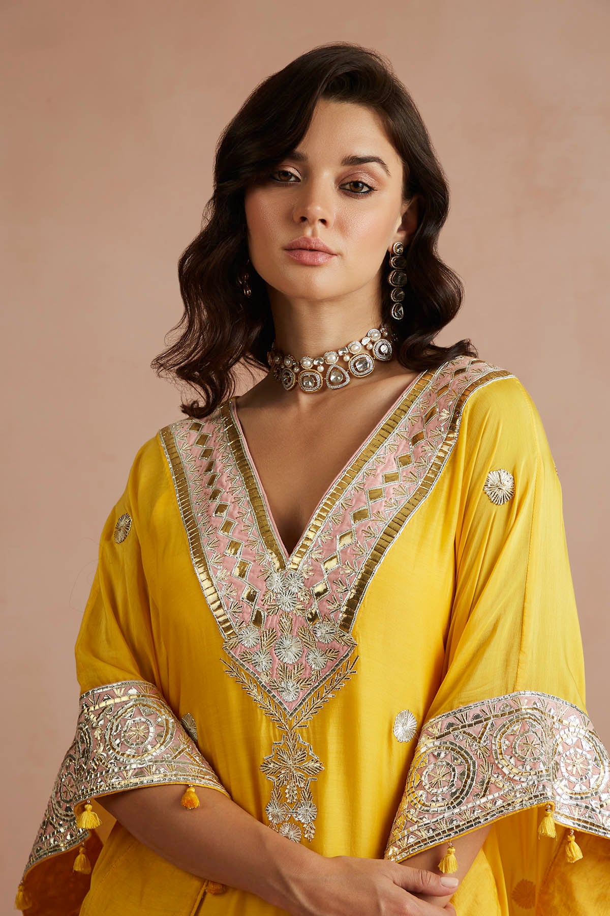 Yellow Gota Embroidered Kaftan