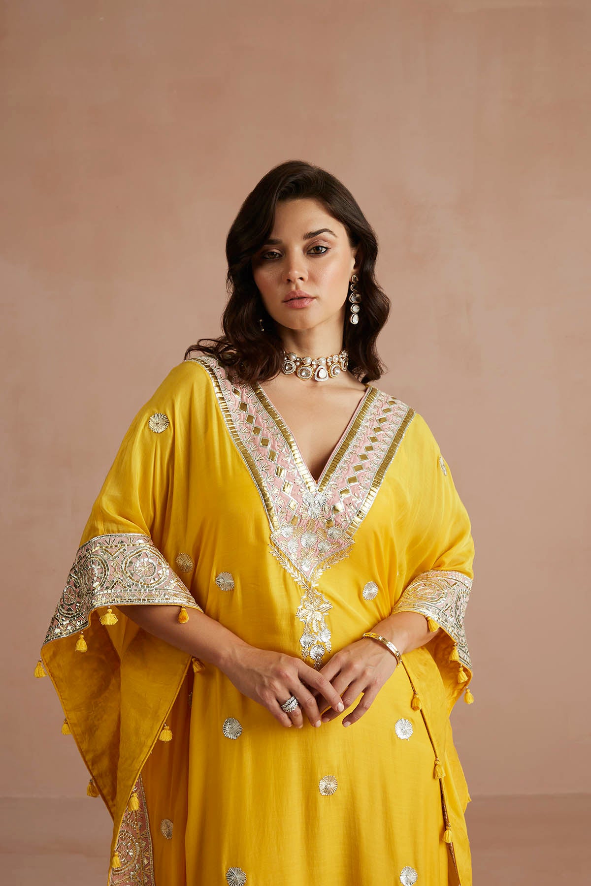 Yellow Gota Embroidered Kaftan