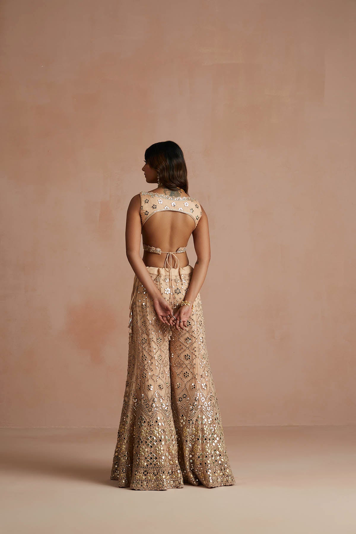 Deep Nude Mirror Drape Sharara Set