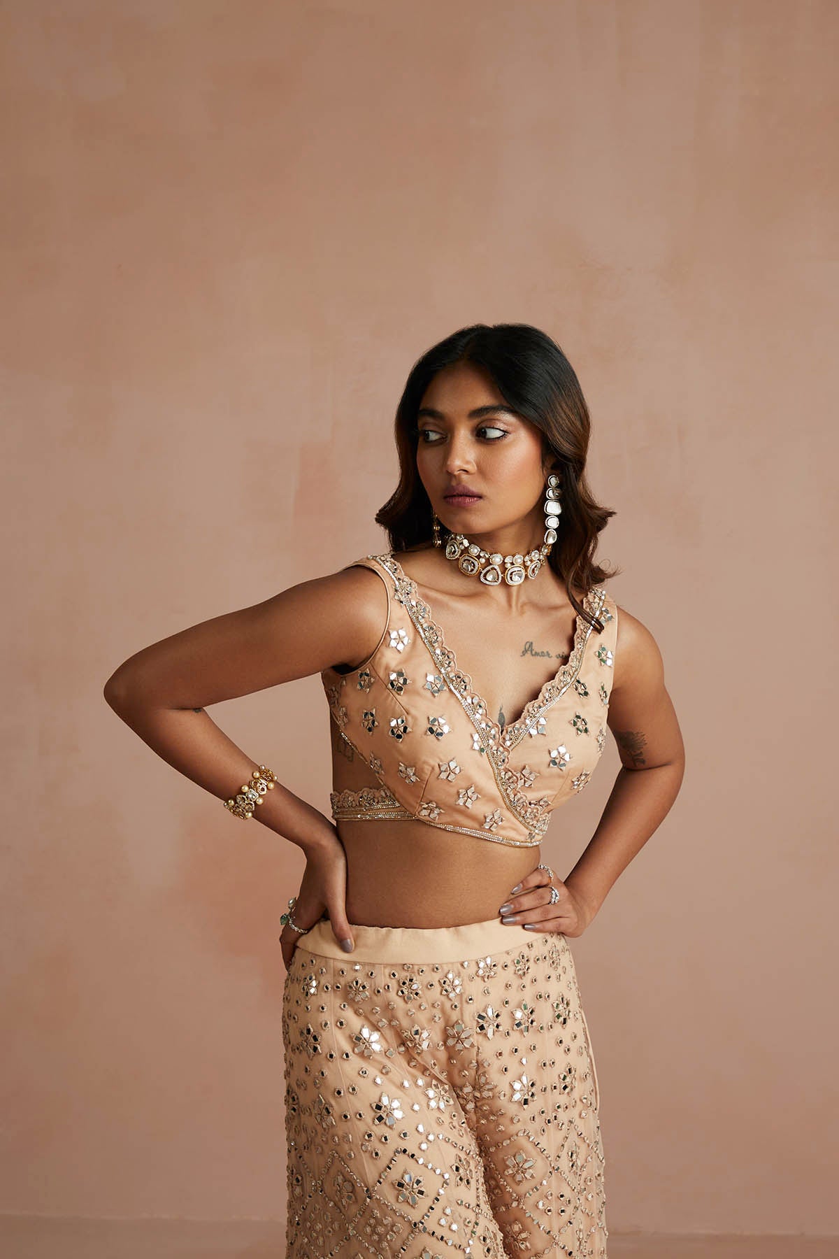 Deep Nude Mirror Drape Sharara Set