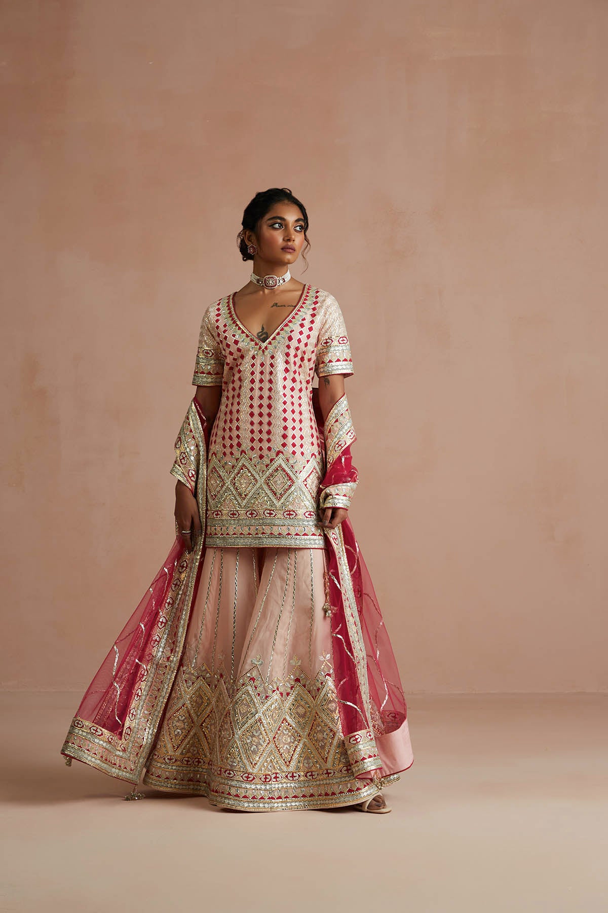 Blush Pink & Crimson Gota Embroidered Gharara Set-RTS