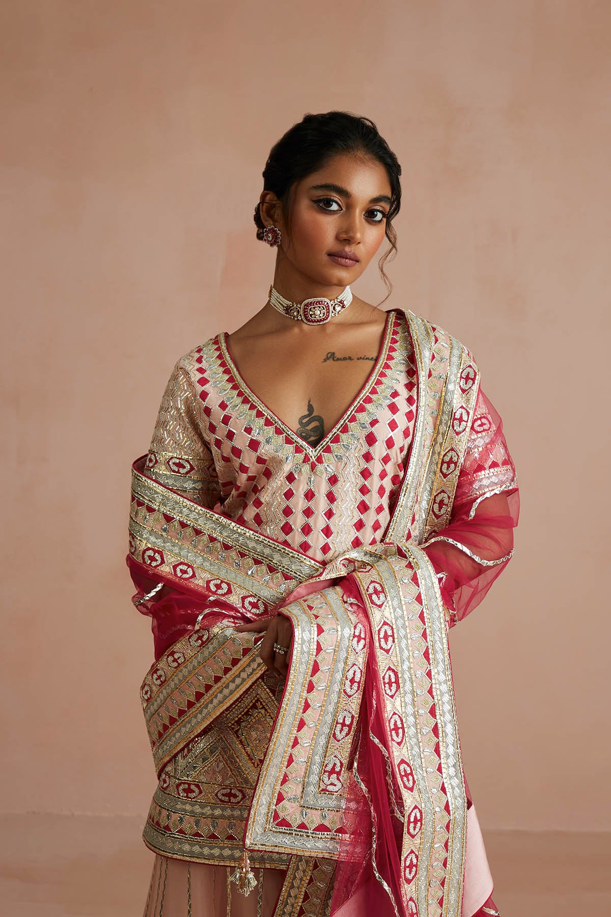 Blush Pink & Crimson Gota Embroidered Gharara Set-RTS