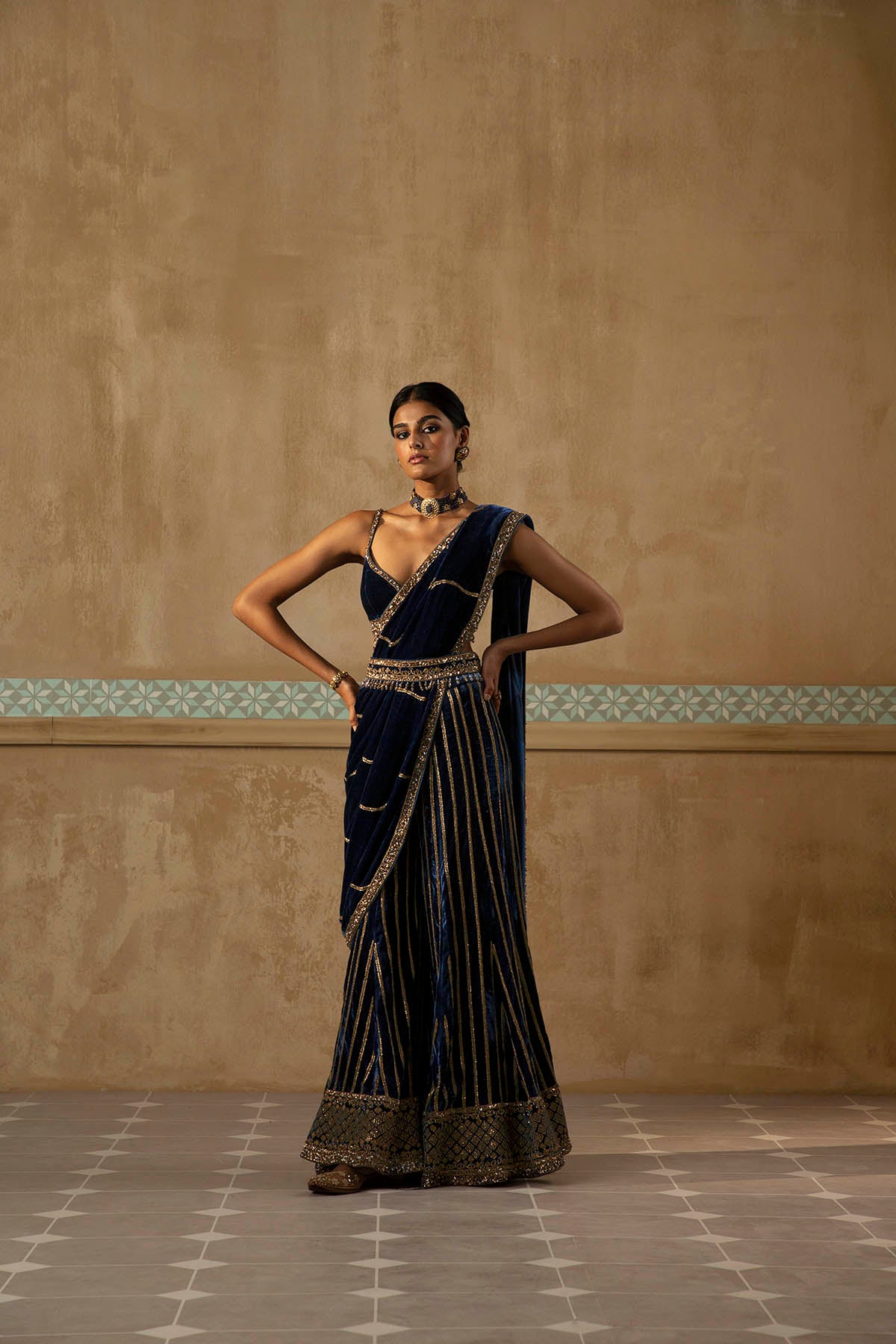 Peacock Blue Velvet Drape Sharara Set