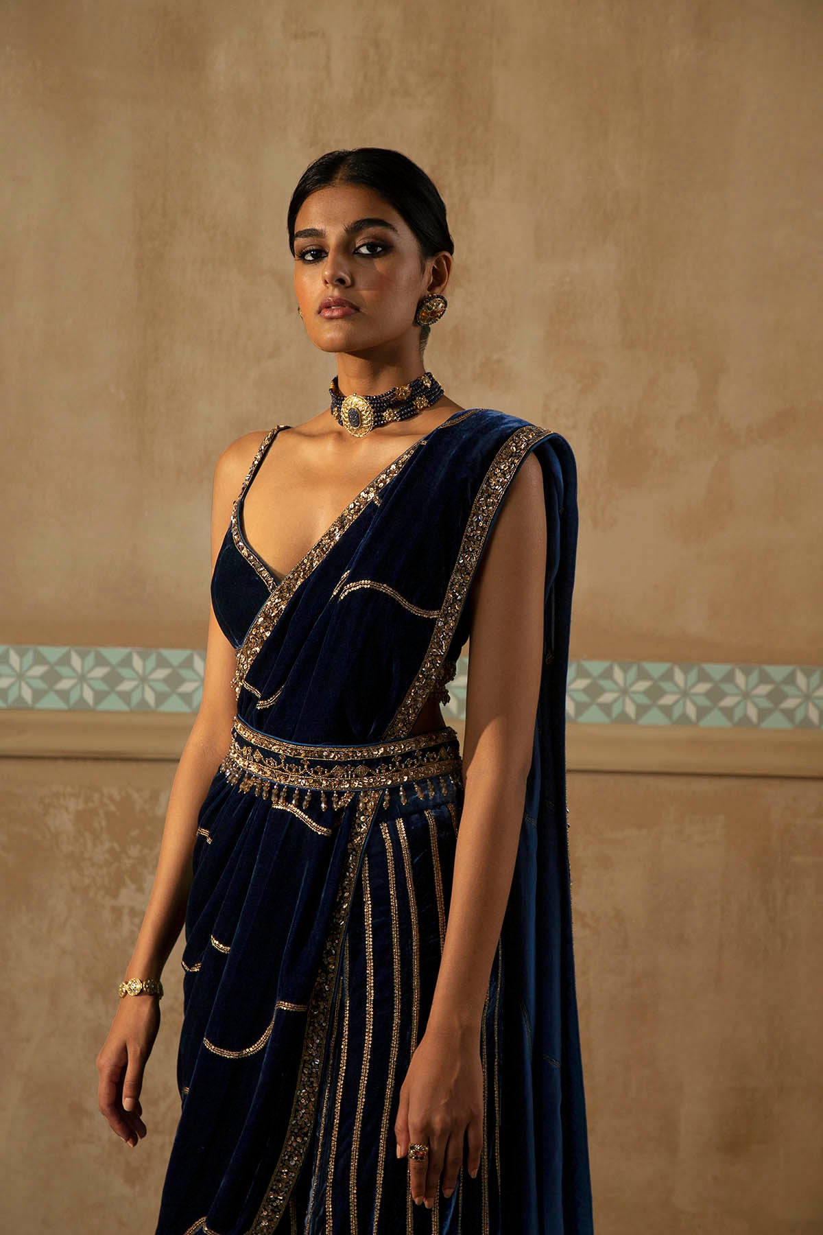 Peacock Blue Velvet Drape Sharara Set