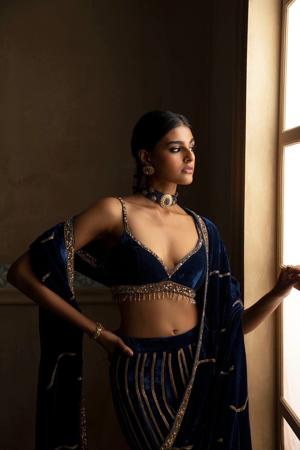 Peacock Blue Velvet Drape Sharara Set