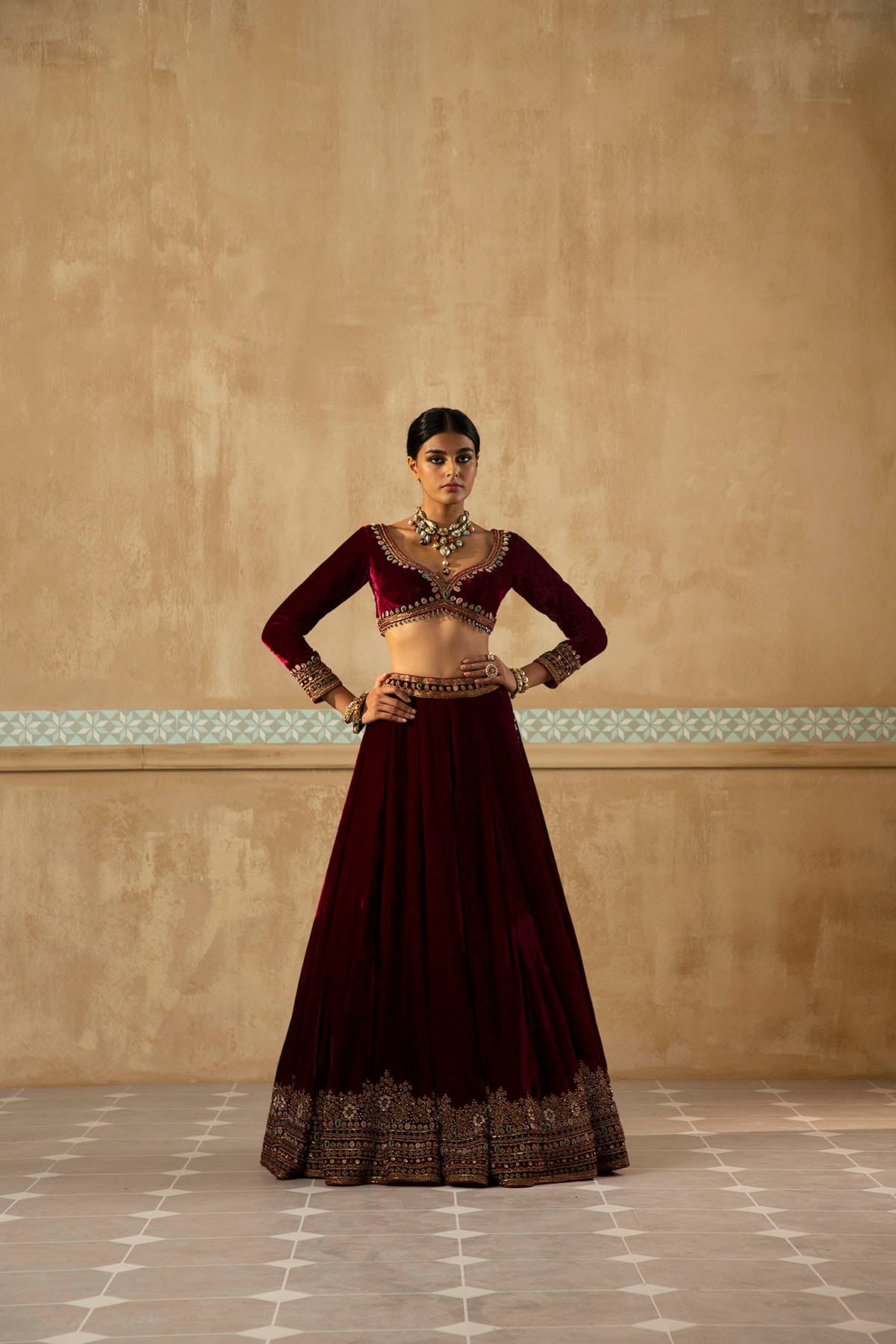 Burgundy Embroidered Velvet Lehenga