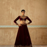 Burgundy Embroidered Velvet Lehenga