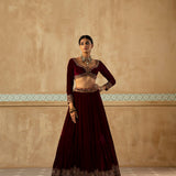 Burgundy Embroidered Velvet Lehenga