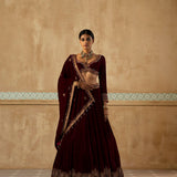 Burgundy Embroidered Velvet Lehenga