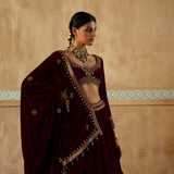 Burgundy Embroidered Velvet Lehenga