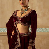 Burgundy Embroidered Velvet Lehenga