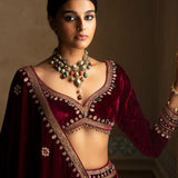 Burgundy Embroidered Velvet Lehenga