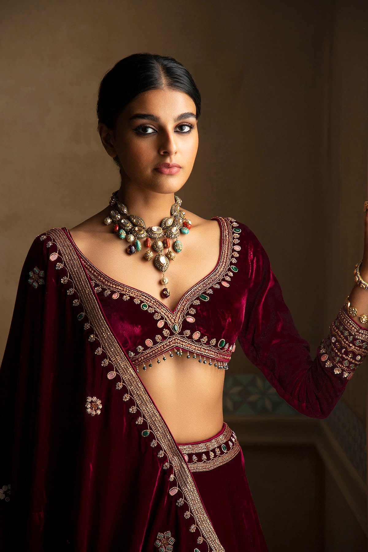 Burgundy Embroidered Velvet Lehenga