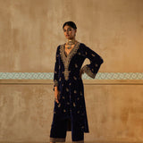 Navy Embroidered Mughal Yoke Kurta Set-RTS