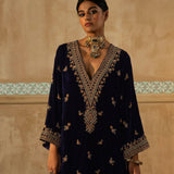 Navy Embroidered Mughal Yoke Kurta Set-RTS