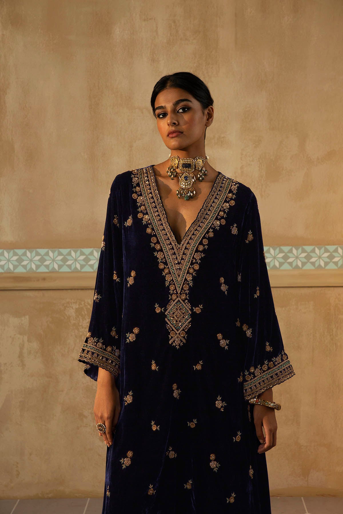 Navy Embroidered Mughal Yoke Kurta Set-RTS