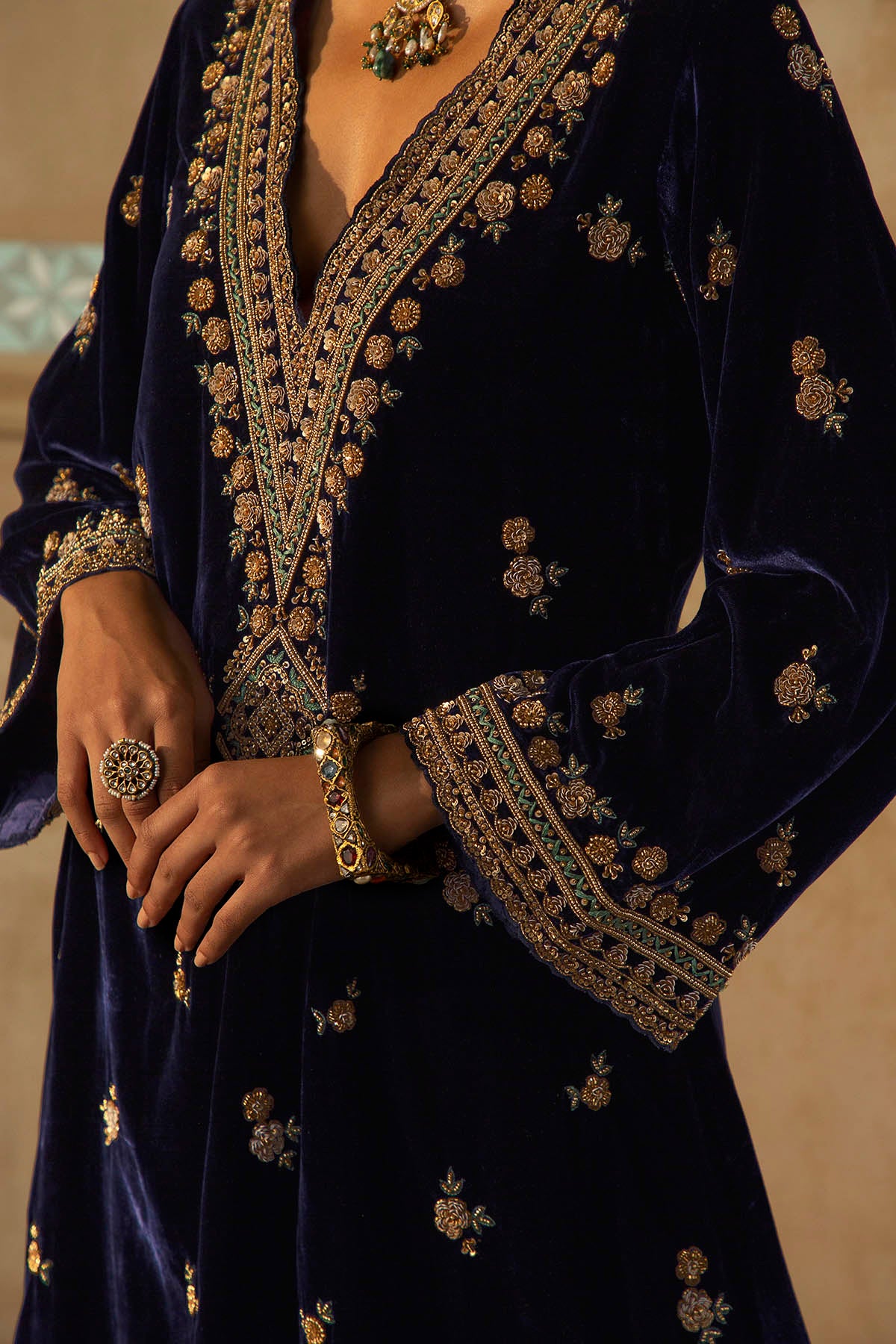 Navy Embroidered Mughal Yoke Kurta Set