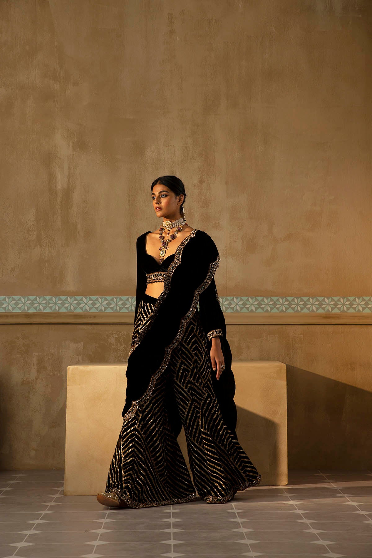 Black Scalloped Drape Sharara Set