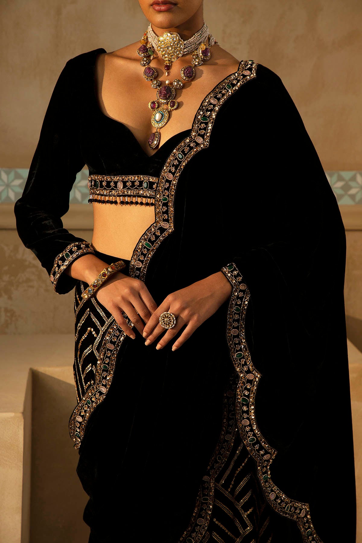 Black Scalloped Drape Sharara Set