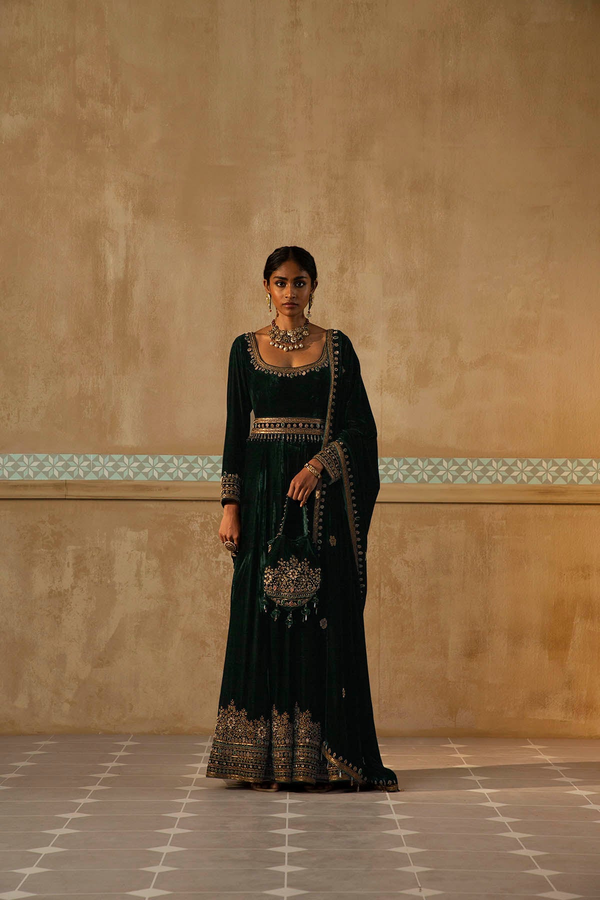 Bottle Green Velvet Embroidered Anarkali