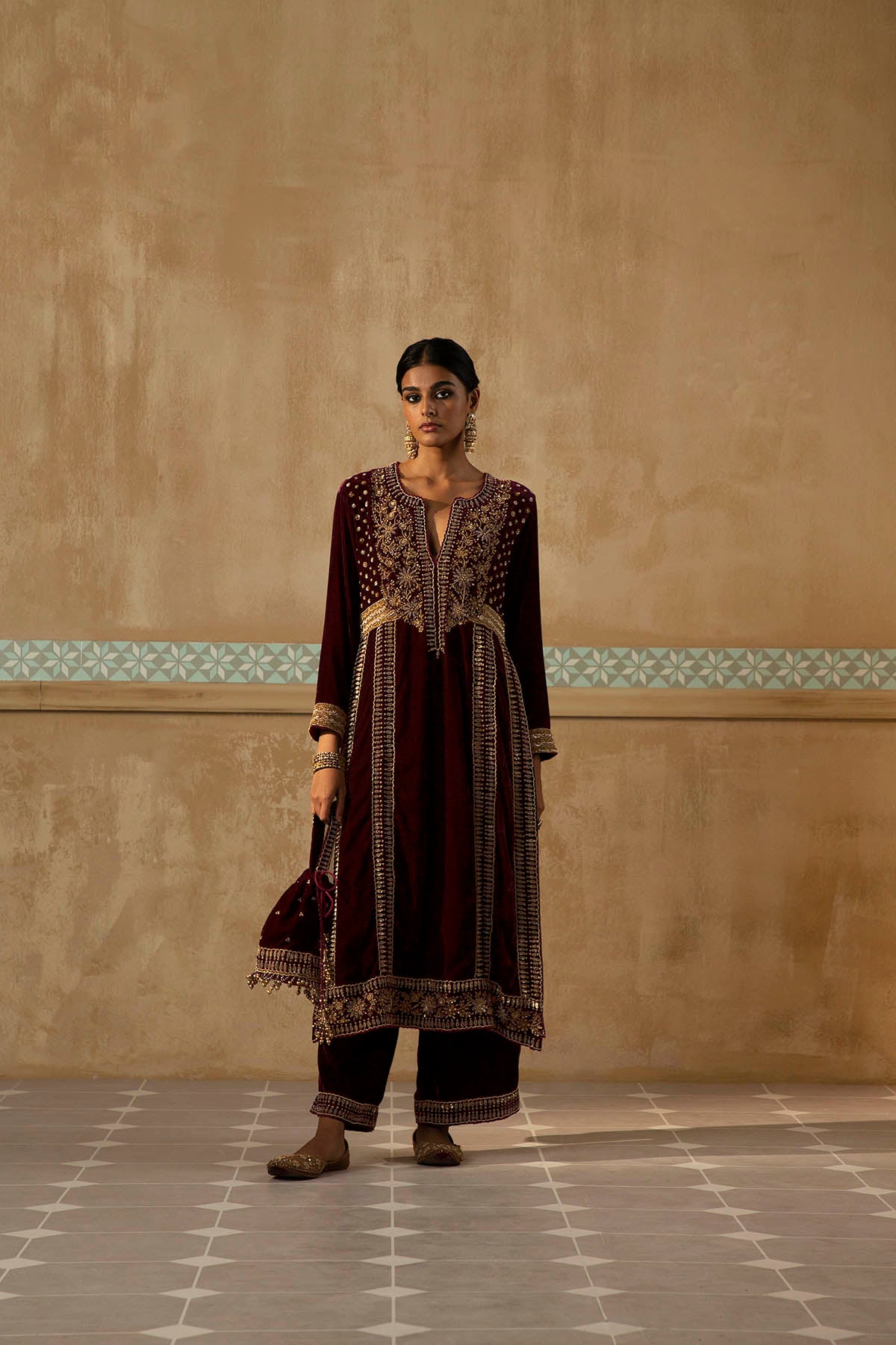 Mulberry Embroidered Long Kurta Set