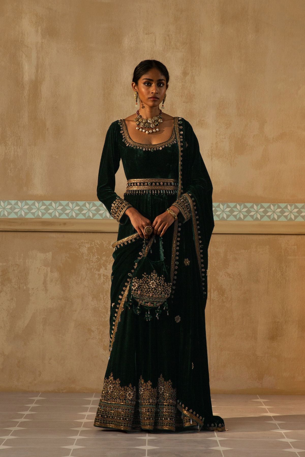 Bottle Green Velvet Embroidered Anarkali