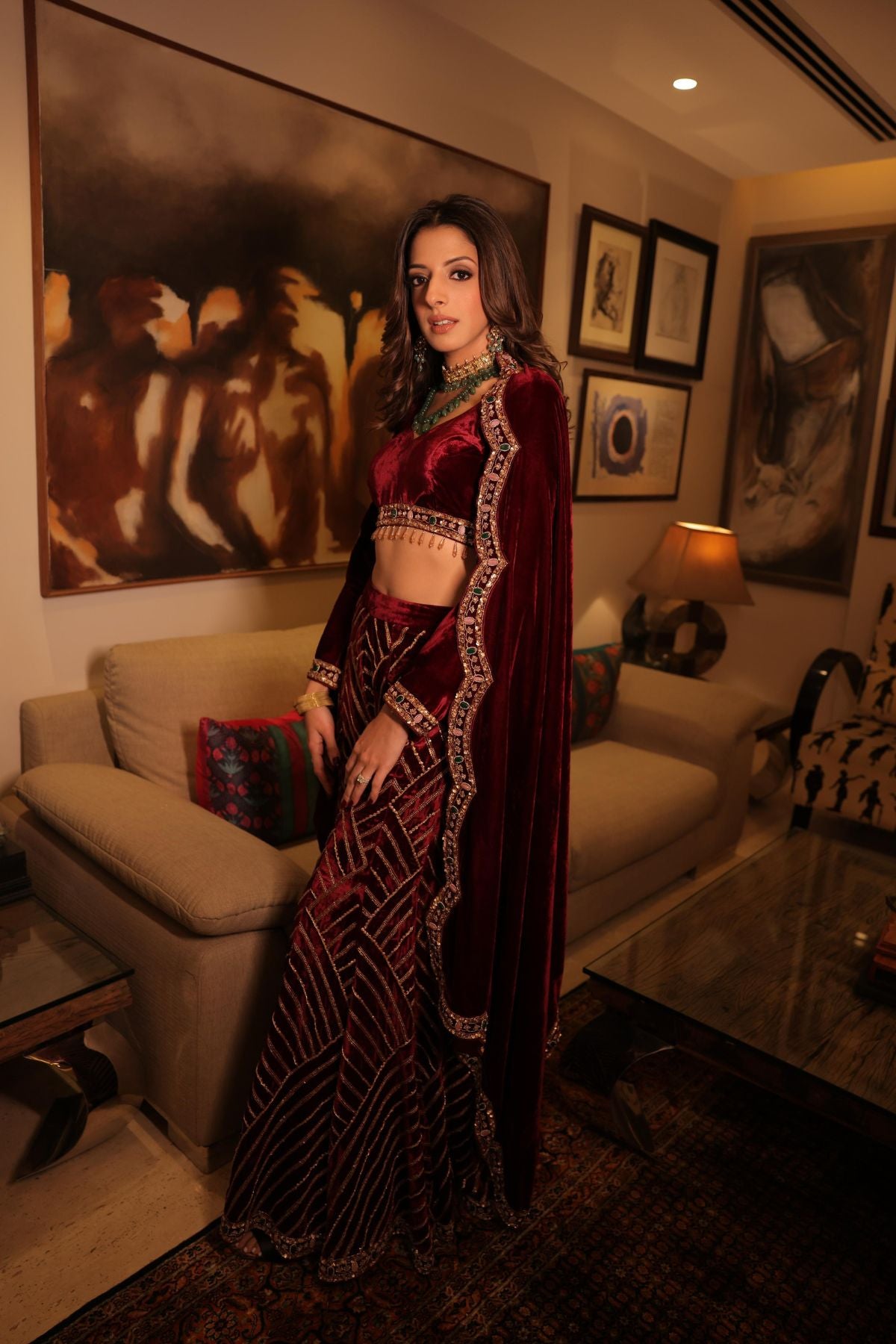 Custom Silk Velvet Scalloped Drape Sharara Set