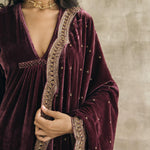 Wine Asymmetrical Silk Velvet Kurta Set