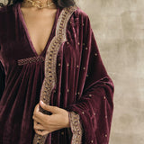 Wine Asymmetrical Silk Velvet Kurta Set